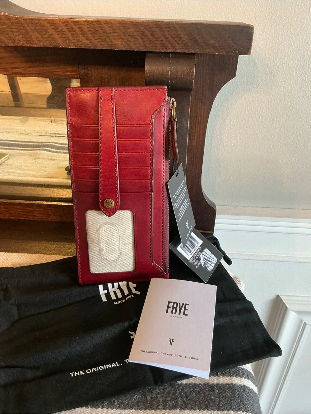 NWT Frye Melissa Leather Snap Card Wallet Berry Lacquer Red Retail $98